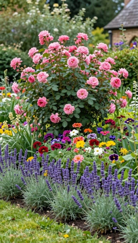 layered flower border with roses at the back and lavender in front