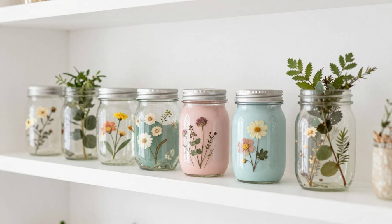 mason jar crafts arranged as home decor on white shelf