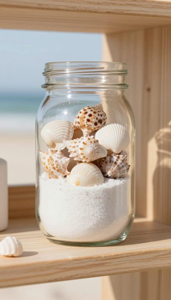 mason jar filled with shells and sand styled on a shelf