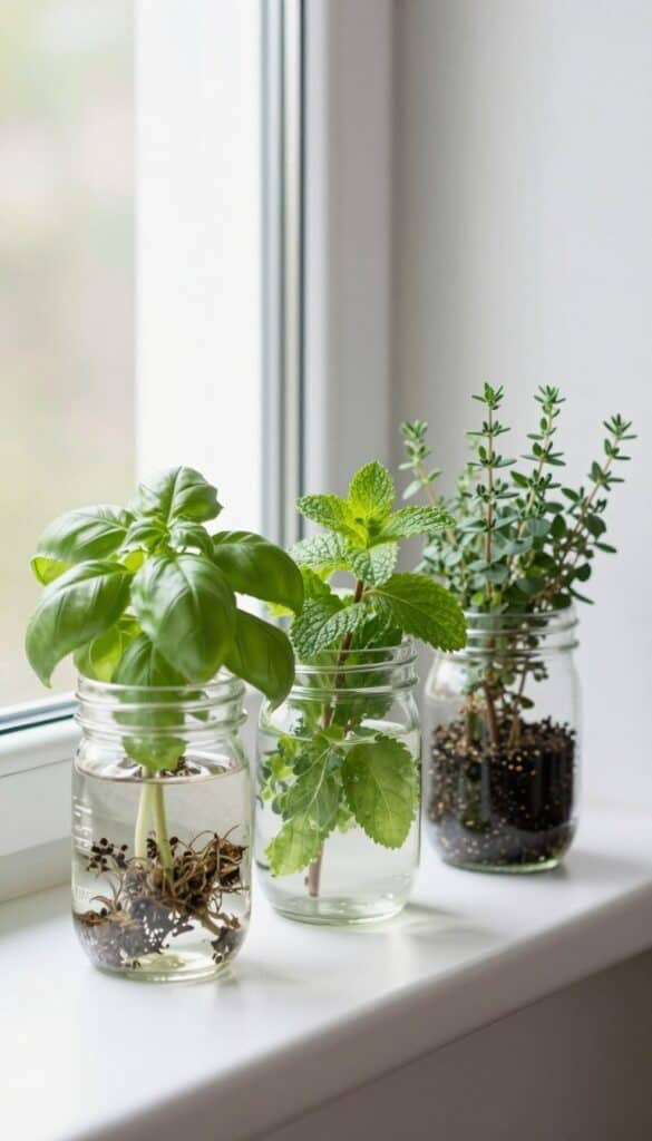 mason jars used as small herb planters on a windowsill