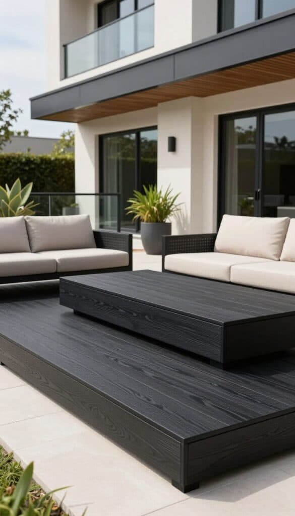 matte black deck with modern architecture and neutral outdoor furniture