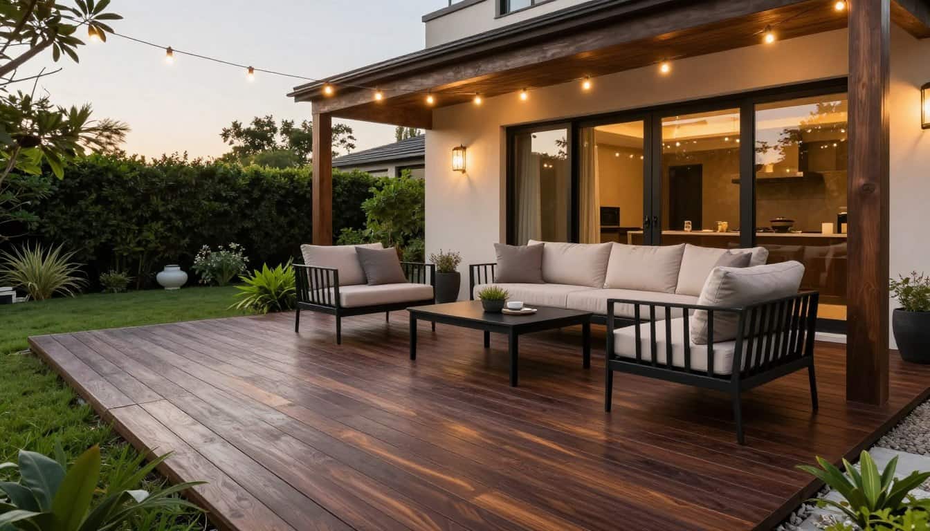 modern dark deck with stylish outdoor furniture and ambient lighting