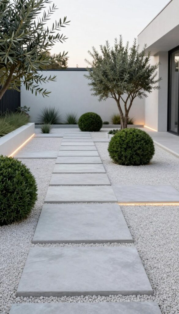 modern minimalist side yard with concrete pavers, gravel, and sculptural boxwood plants
