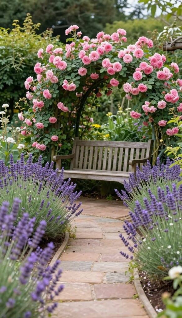 narrow path leading to a hidden bench surrounded by lavender and roses