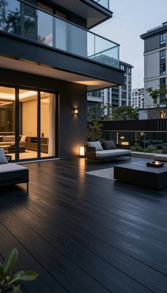 onyx black gray deck with glass railings and modern outdoor lighting