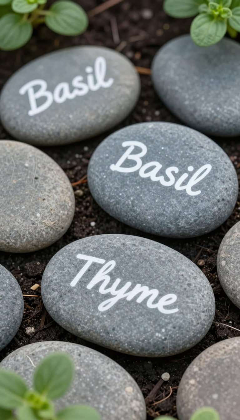 painted garden marker rocks with minimal white lettering on smooth gray river stones arranged in herb garden