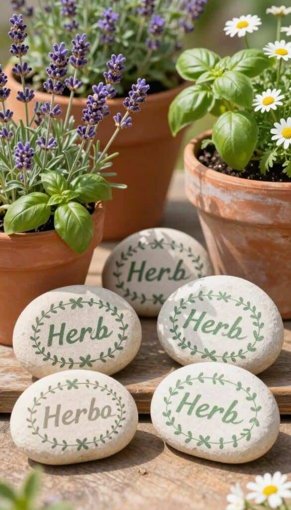 painted stone garden markers with delicate lavender flowers and herb names in cottagecore style