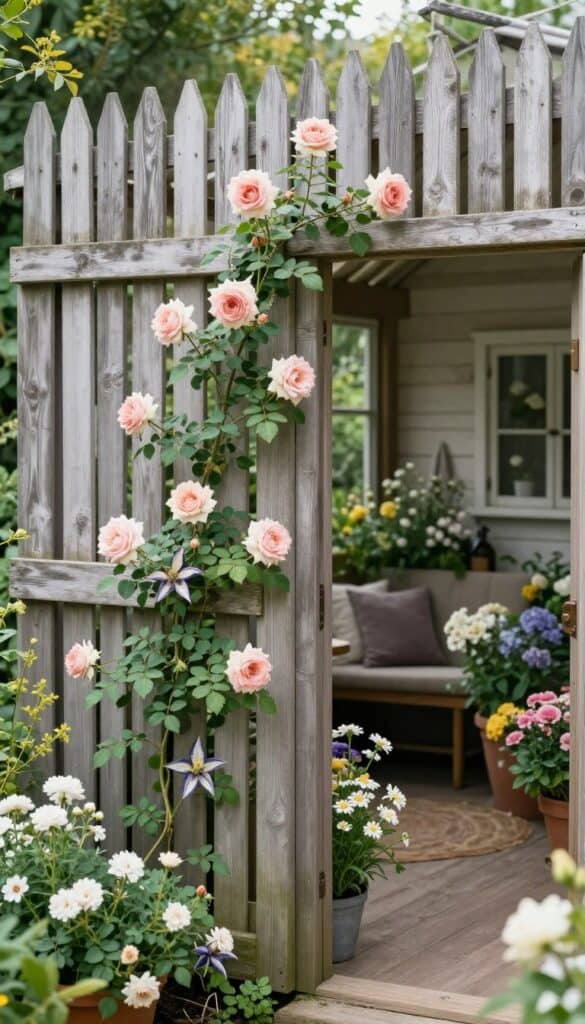patio corner enclosed with rustic wooden fencing and cottage garden flowers