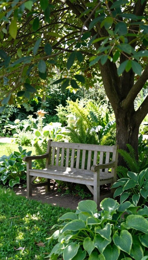 patio corner under a tree with simple seating in a cottage garden