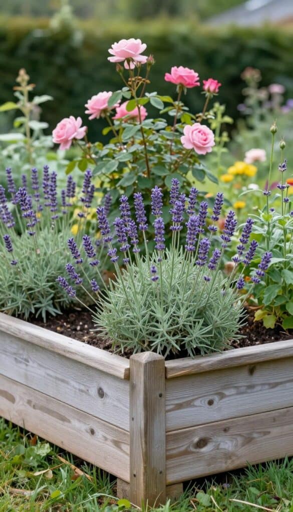 raised garden beds with lavender spilling over edges and roses behind