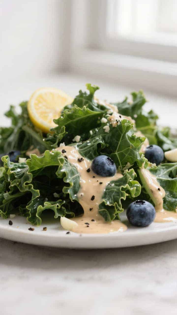 Close-up detail: Massaged kale glistening with creamy lemon-tahini dressing, leaves visibly darker a