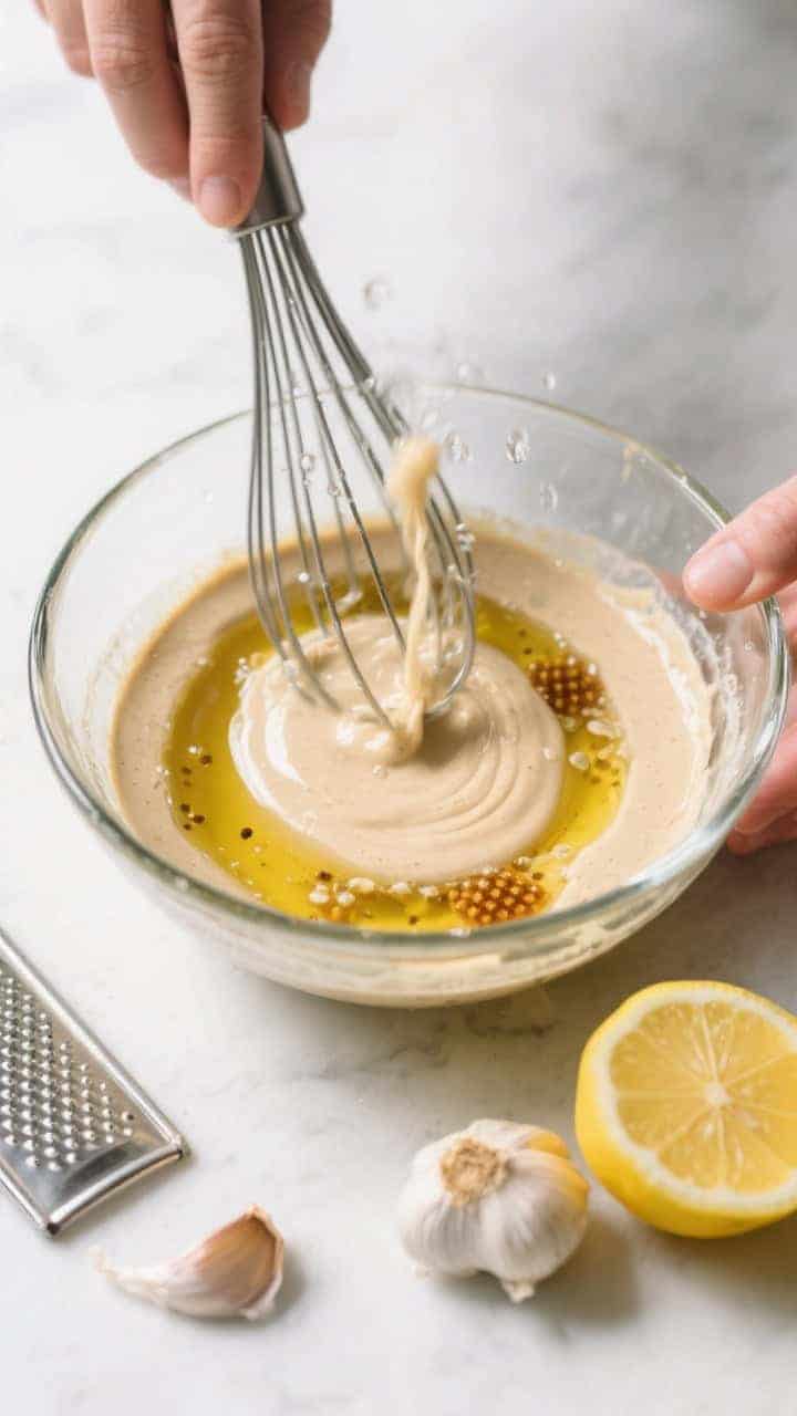 Cooking process: Overhead shot of the dressing being whisked in a clear glass bowl—tahini, fresh l