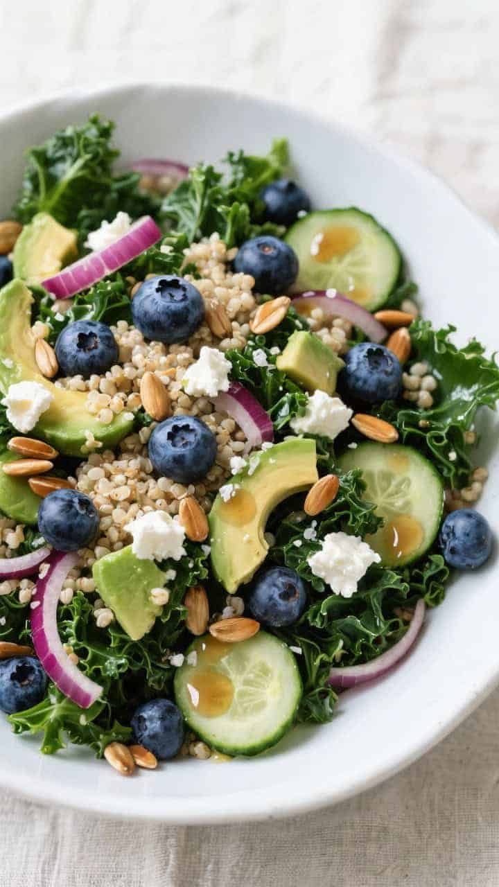 Tasty top view: Fully assembled Kale Blueberry Superfood Salad in a wide, low white bowl—curly kal