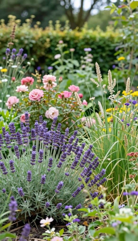 relaxed garden with lavender, roses, and wildflowers mixed together
