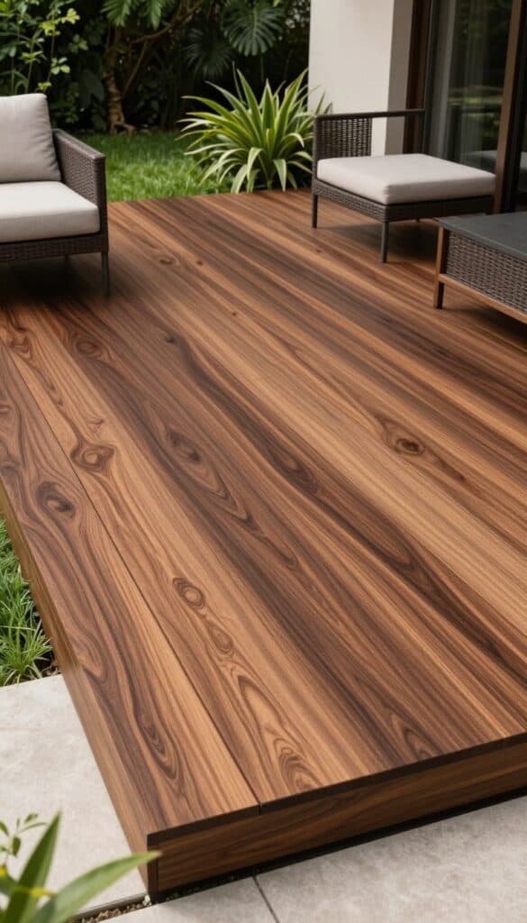 rich walnut brown cedar deck stain providing dramatic contrast against green landscaping and outdoor plants