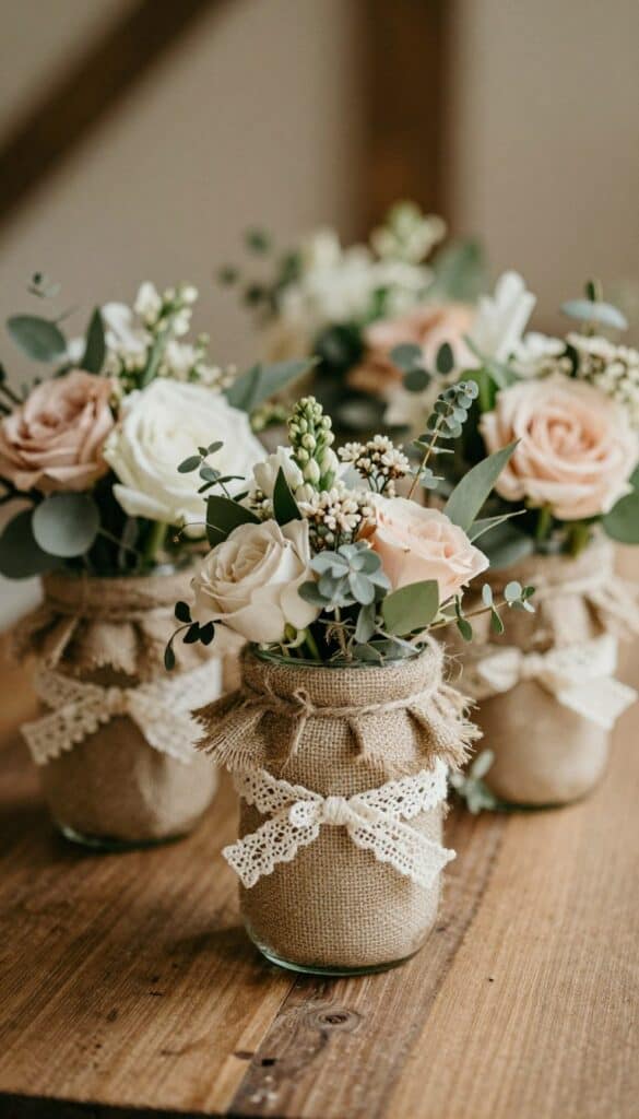 rustic burlap and lace wrapped mason jar wedding centerpieces
