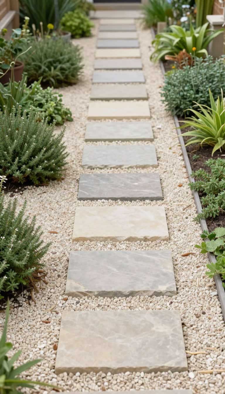 side yard garden with stepping stones through pale gravel bordered by lush greenery