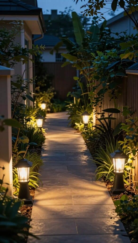 side yard pathway illuminated with warm solar lights and wall sconces at dusk