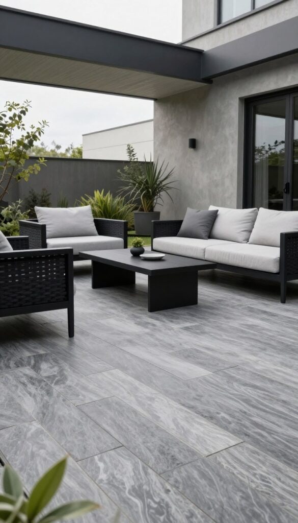 slate gray stained deck with black furniture and minimalist landscaping