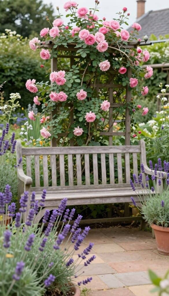 small garden seating area surrounded by lavender and roses