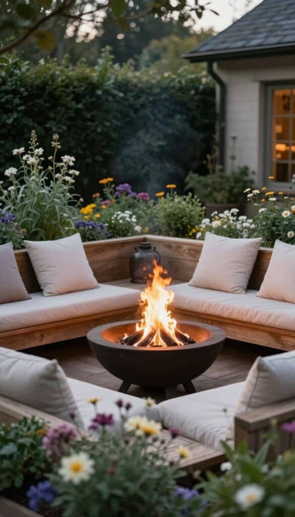 small patio corner with fire bowl and soft seating in a cottage garden