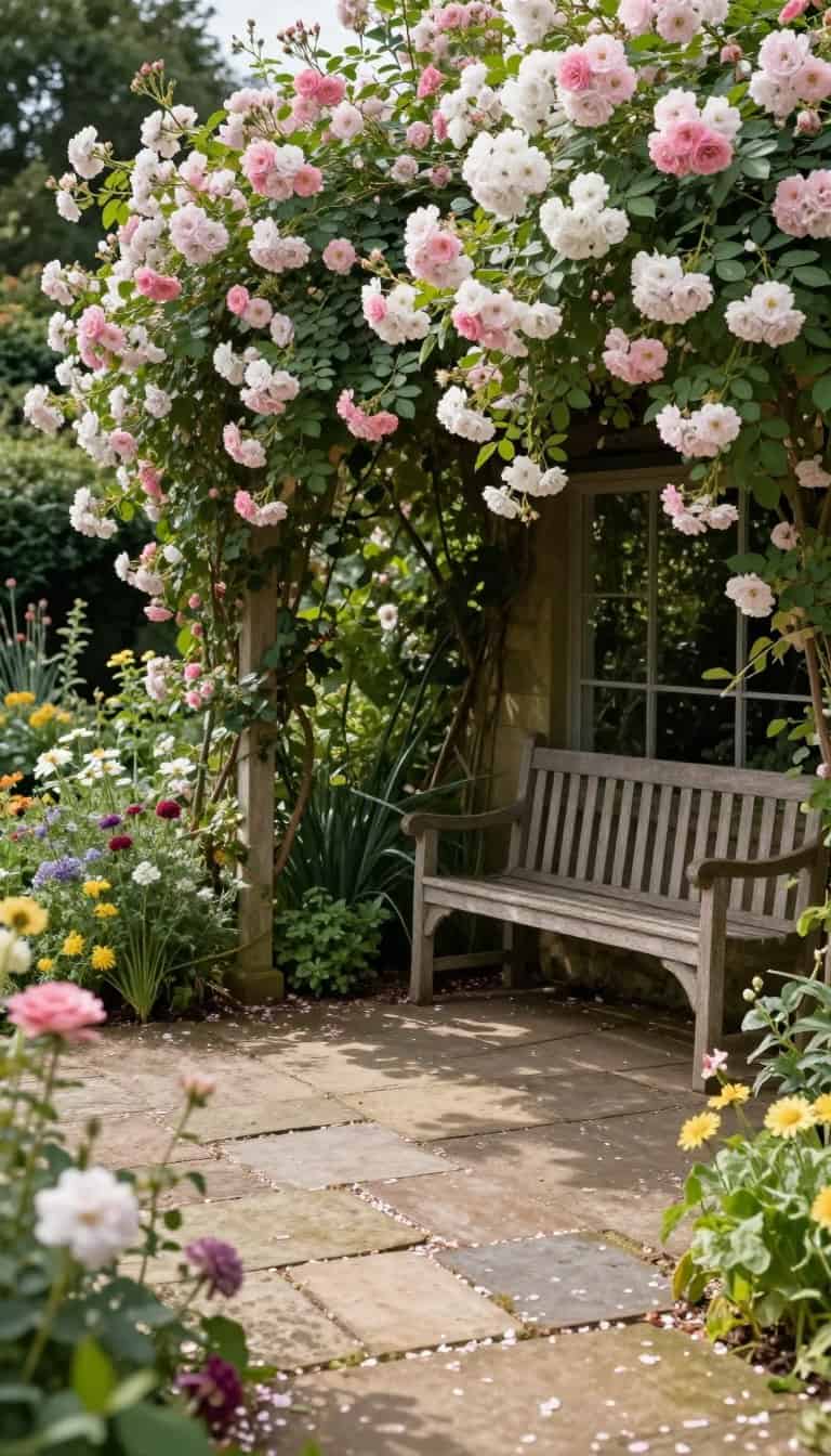 small stone patio corner with climbing roses and soft cottage garden planting in a charming outdoor space