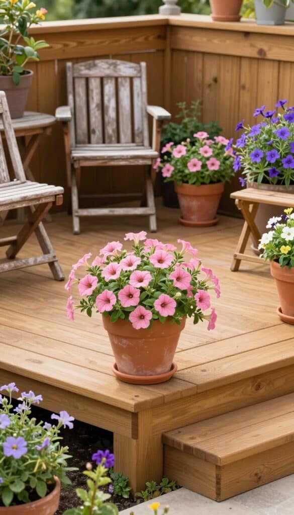 small wooden deck corner with overflowing flower planters in a cottage garden
