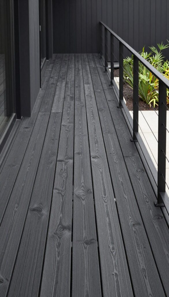 smoky charcoal stain on cedar deck creating modern moody architectural outdoor space with visible wood underneath