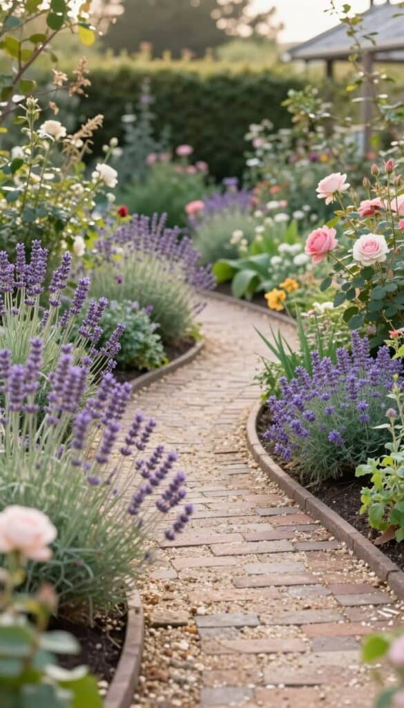 soft flowing cottage garden with curved paths and informal layout demonstrating asymmetrical balance and relaxed design