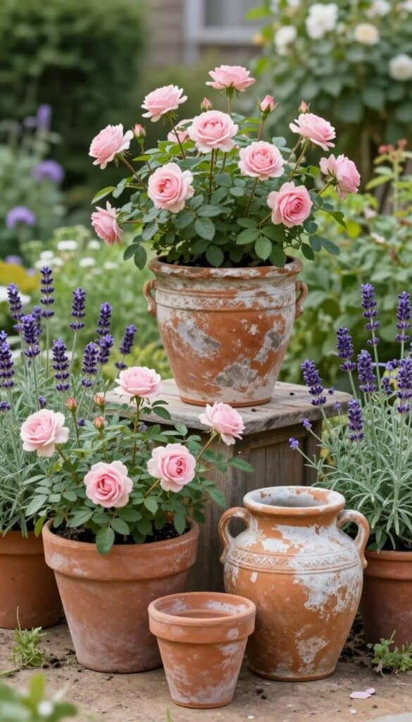 vintage pots filled with roses and lavender nearby