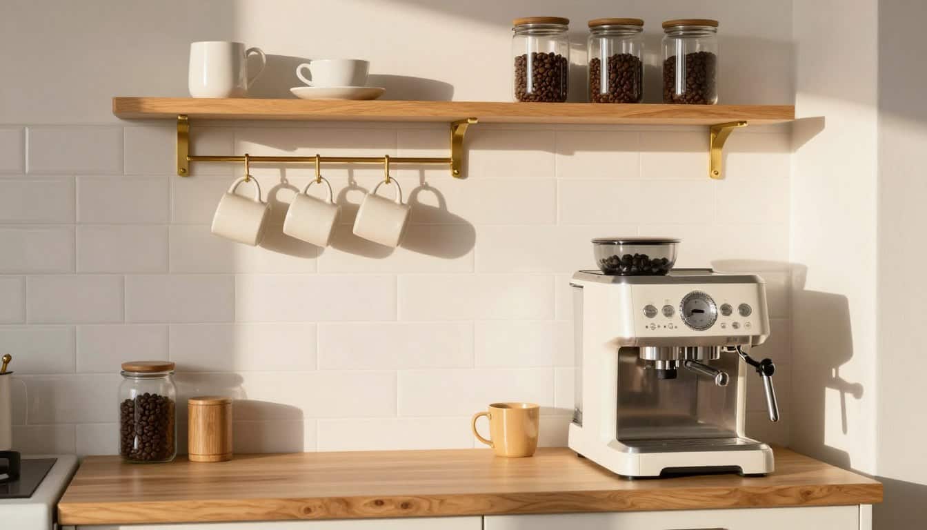 wall mounted coffee station with floating shelves and mug hooks in small modern kitchen