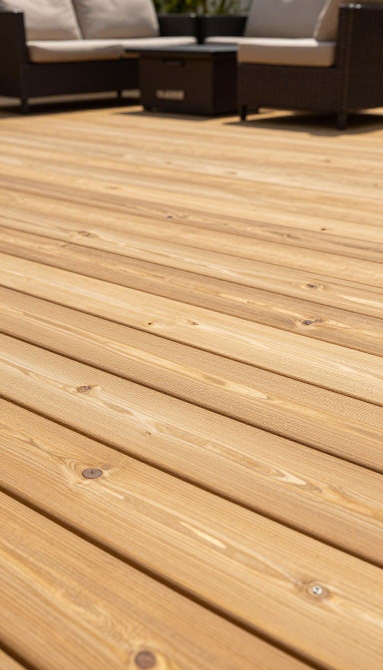warm honey cedar deck stain showcasing golden undertones on outdoor decking in bright sunlight