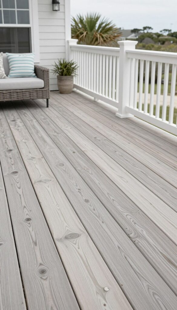 weathered driftwood gray stain on cedar deck creating coastal relaxed appearance with visible wood grain