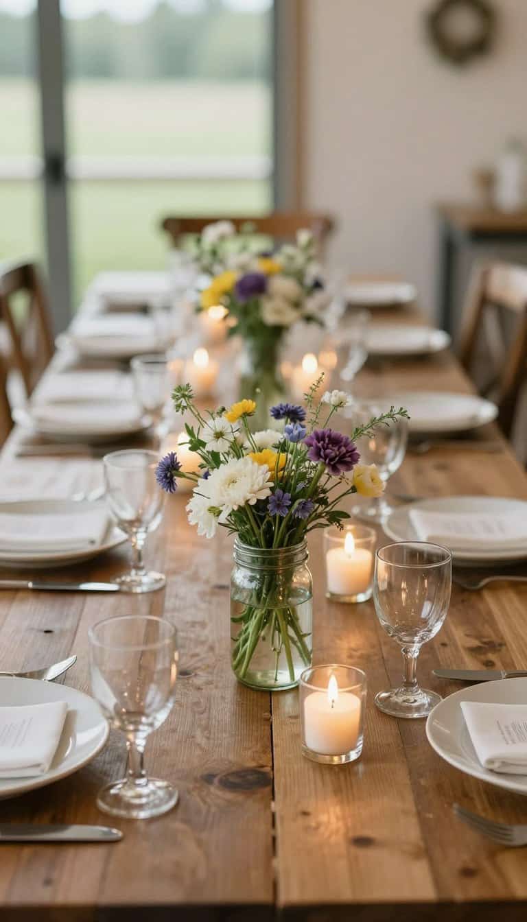 wedding mason jar centerpieces with wildflowers and candles on rustic wooden table