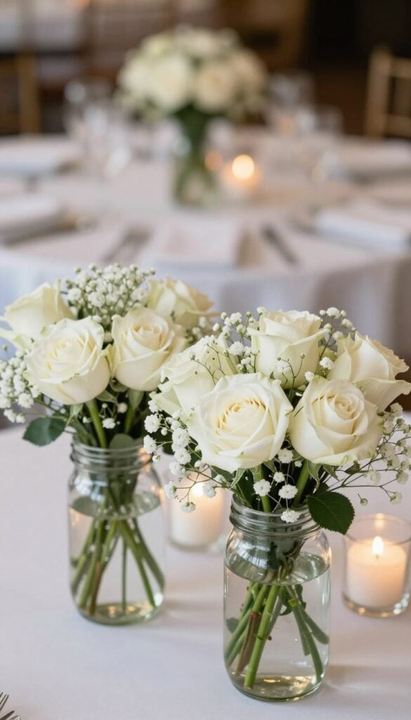 white roses and baby's breath in mason jars wedding centerpiece