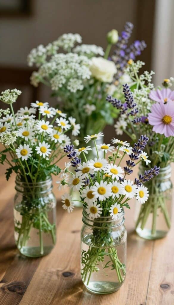 wildflower mason jar centerpieces with daisies and lavender on wedding table