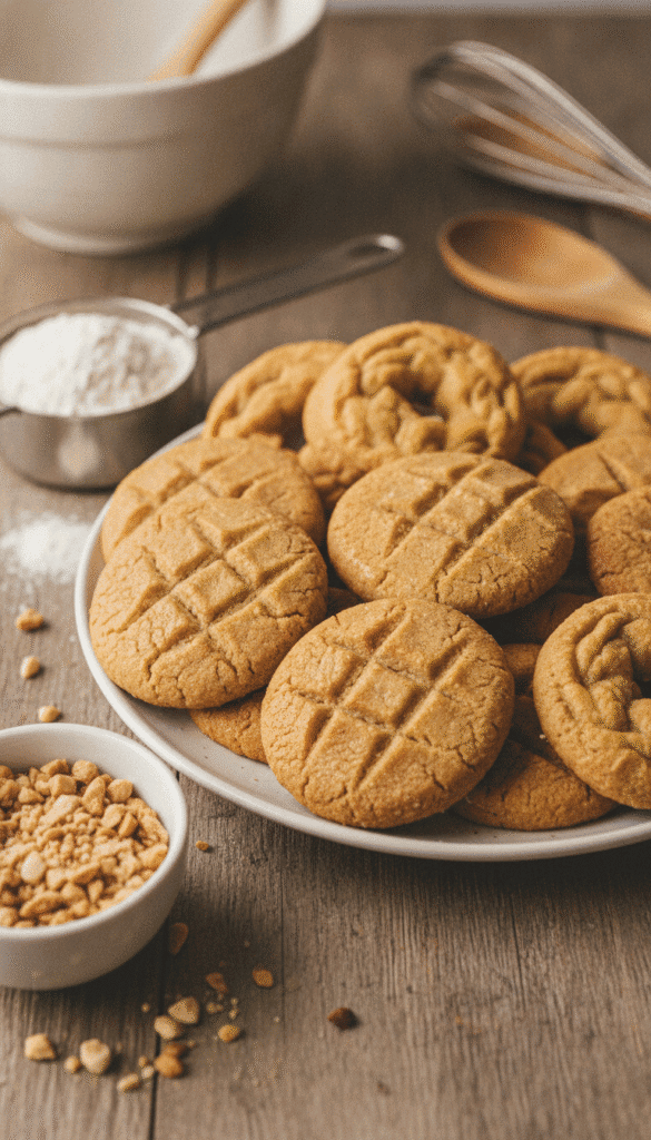 Plate of golden sugar free peanut butter cookies with crispy edges and soft centers