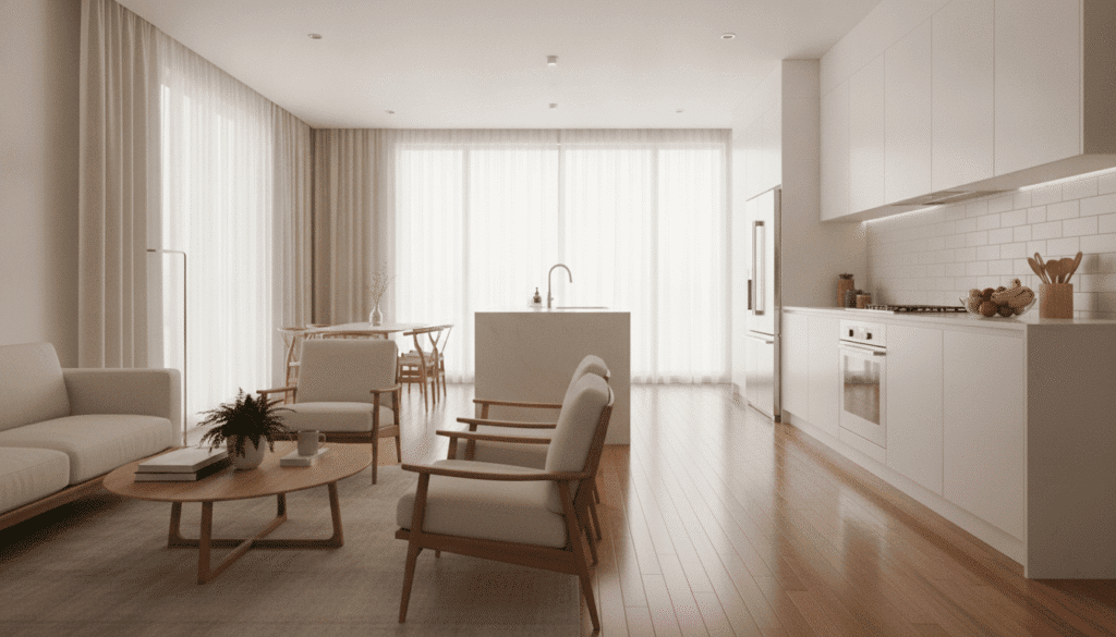 A beautifully organized home interior showcasing a clutter-free living plan. In the foreground, a stylish seating area with minimalistic furniture, adorned with a few tasteful decor items like plants and books. The middle ground features a spacious, well-organized kitchen with clean countertops, neatly arranged utensils, and a fruit bowl, exuding freshness. In the background, large windows allow natural light to flood the space, highlighting the airy atmosphere. The floors are polished and free of any clutter, emphasizing hygiene and simplicity. Soft, warm lighting casts gentle shadows, creating a calm and inviting mood. The scene embodies tranquility and efficiency, illustrating the concept of sustainable living without any human figures or text, allowing the viewer to focus on the organized space. A beautifully organized home interior showcasing a clutter-free living plan. In the foreground, a stylish seating area with minimalistic furniture, adorned with a few tasteful decor items like plants and books. The middle ground features a spacious, well-organized kitchen with clean countertops, neatly arranged utensils, and a fruit bowl, exuding freshness. In the background, large windows allow natural light to flood the space, highlighting the airy atmosphere. The floors are polished and free of any clutter, emphasizing hygiene and simplicity. Soft, warm lighting casts gentle shadows, creating a calm and inviting mood. The scene embodies tranquility and efficiency, illustrating the concept of sustainable living without any human figures or text, allowing the viewer to focus on the organized space.