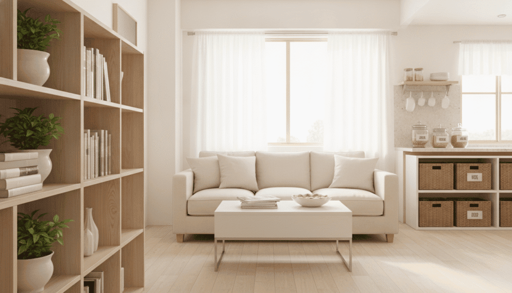 A bright, airy living room with organized spaces, showcasing various decluttering tips visually. In the foreground, a stylish shelf neatly displaying potted plants and color-coordinated books, symbolizing effective organization. The middle ground features a cozy sofa with a minimalist coffee table, where neatly stacked magazines and a decorative bowl sit. A clean window allows natural light to flood in, enhancing the fresh atmosphere. In the background, a well-arranged kitchen counter with labeled containers hints at streamlined storage methods. The mood is calm and inspiring, encouraging viewers to embrace decluttering. The scene is captured with soft lighting, mimicking a warm afternoon glow, using a wide-angle lens to create a welcoming space. No text overlays or intrusive elements present. A bright, airy living room with organized spaces, showcasing various decluttering tips visually. In the foreground, a stylish shelf neatly displaying potted plants and color-coordinated books, symbolizing effective organization. The middle ground features a cozy sofa with a minimalist coffee table, where neatly stacked magazines and a decorative bowl sit. A clean window allows natural light to flood in, enhancing the fresh atmosphere. In the background, a well-arranged kitchen counter with labeled containers hints at streamlined storage methods. The mood is calm and inspiring, encouraging viewers to embrace decluttering. The scene is captured with soft lighting, mimicking a warm afternoon glow, using a wide-angle lens to create a welcoming space. No text overlays or intrusive elements present.