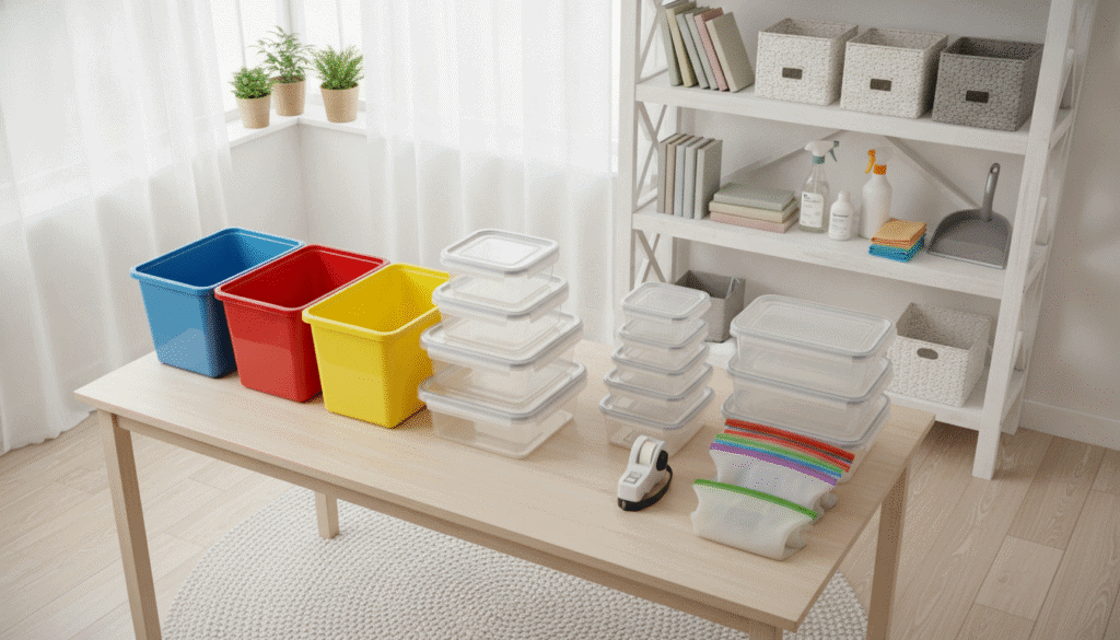A bright, well-organized workspace filled with essential household clutter elimination supplies and organizing tools. In the foreground, a wooden table displays a variety of items: colorful storage bins, clear plastic containers, a label maker, and reusable zip bags, all neatly arranged. In the middle, a spacious shelving unit holds neatly arranged books, decorative boxes, and cleaning supplies, creating a sense of order. The background features fresh, natural light coming through a window, enhancing the cheerful atmosphere. The scene is captured from a slight overhead angle, showcasing the organization tools in detail. The mood is uplifting and inspiring, inviting viewers to envision their own decluttering journey with ease and efficiency. A bright, well-organized workspace filled with essential household clutter elimination supplies and organizing tools. In the foreground, a wooden table displays a variety of items: colorful storage bins, clear plastic containers, a label maker, and reusable zip bags, all neatly arranged. In the middle, a spacious shelving unit holds neatly arranged books, decorative boxes, and cleaning supplies, creating a sense of order. The background features fresh, natural light coming through a window, enhancing the cheerful atmosphere. The scene is captured from a slight overhead angle, showcasing the organization tools in detail. The mood is uplifting and inspiring, inviting viewers to envision their own decluttering journey with ease and efficiency.