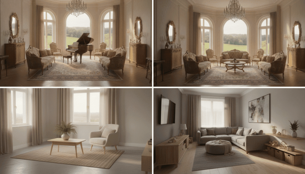 A comprehensive residential space clearing guide, visually representing three distinct home sizes: a cozy apartment, a medium-sized house, and a spacious mansion. In the foreground, display neatly organized spaces; for the apartment, highlight a minimalist living area with a small table and plants. For the medium home, showcase a tidy family room with furniture arranged for functionality. In the background, illustrate the grand living area of the mansion, featuring expansive windows and elegant furnishings. Soft, warm lighting creates an inviting atmosphere, emphasizing the decluttered look. Use a slight aerial angle to capture a bird’s-eye view of the layouts, enhancing the sense of organization and clarity. The mood should convey tranquility and focus, ideal for a decluttering theme. A comprehensive residential space clearing guide, visually representing three distinct home sizes: a cozy apartment, a medium-sized house, and a spacious mansion. In the foreground, display neatly organized spaces; for the apartment, highlight a minimalist living area with a small table and plants. For the medium home, showcase a tidy family room with furniture arranged for functionality. In the background, illustrate the grand living area of the mansion, featuring expansive windows and elegant furnishings. Soft, warm lighting creates an inviting atmosphere, emphasizing the decluttered look. Use a slight aerial angle to capture a bird’s-eye view of the layouts, enhancing the sense of organization and clarity. The mood should convey tranquility and focus, ideal for a decluttering theme.
