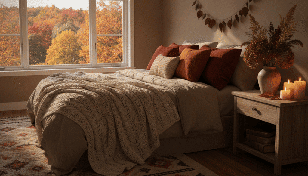 A cozy autumn bedroom scene featuring natural decor elements that evoke a warm, inviting atmosphere. In the foreground, a richly textured knitted throw drapes casually over a soft, modern bed, adorned with plush pillows in autumn colors like burnt orange and deep burgundy. The middle ground showcases a rustic wooden nightstand, topped with a vase of seasonal flowers and candles, casting a gentle glow. In the background, a window reveals a picturesque view of vibrant fall foliage outside, softly lit by the golden glow of late afternoon sun. The overall lighting is warm and inviting, enhancing the cozy aesthetic and creating a serene mood perfect for fall. A cozy autumn bedroom scene featuring natural decor elements that evoke a warm, inviting atmosphere. In the foreground, a richly textured knitted throw drapes casually over a soft, modern bed, adorned with plush pillows in autumn colors like burnt orange and deep burgundy. The middle ground showcases a rustic wooden nightstand, topped with a vase of seasonal flowers and candles, casting a gentle glow. In the background, a window reveals a picturesque view of vibrant fall foliage outside, softly lit by the golden glow of late afternoon sun. The overall lighting is warm and inviting, enhancing the cozy aesthetic and creating a serene mood perfect for fall.