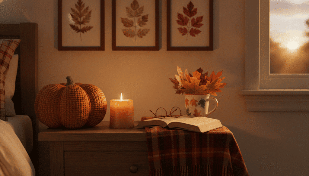 A cozy bedroom nightstand adorned with essential fall accessories. In the foreground, a rustic wooden nightstand features a soft, knitted pumpkin-shaped decoration, a warm, amber-hued candle flickering gently, and a small, hand-painted ceramic mug filled with dried autumn leaves. In the middle layer, a stylish, plaid throw blanket is casually draped on the edge of the nightstand, and a well-loved book lies open, its pages slightly curling. The background reveals a softly illuminated wall with art depicting fall foliage, and a window showcasing the golden glow of a sunset outside, filtering warm light into the room. The overall mood is inviting and serene, capturing the essence of fall comfort and style. Natural lighting enhances the warm tones and textures, creating a peaceful and cohesive aesthetic. A cozy bedroom nightstand adorned with essential fall accessories. In the foreground, a rustic wooden nightstand features a soft, knitted pumpkin-shaped decoration, a warm, amber-hued candle flickering gently, and a small, hand-painted ceramic mug filled with dried autumn leaves. In the middle layer, a stylish, plaid throw blanket is casually draped on the edge of the nightstand, and a well-loved book lies open, its pages slightly curling. The background reveals a softly illuminated wall with art depicting fall foliage, and a window showcasing the golden glow of a sunset outside, filtering warm light into the room. The overall mood is inviting and serene, capturing the essence of fall comfort and style. Natural lighting enhances the warm tones and textures, creating a peaceful and cohesive aesthetic.