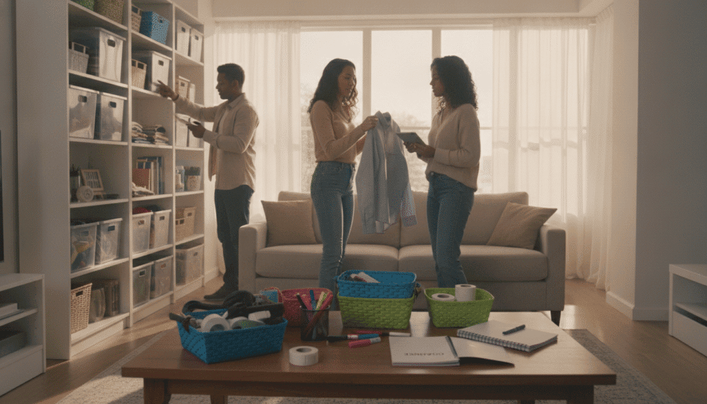A cozy, well-lit living room scene showcasing the step-by-step process of home organizing using the SPACE method. In the foreground, a neatly arranged coffee table displays colorful organizing supplies like bins, labels, and notepads. The middle section features a diverse group of three individuals, dressed in casual but professional attire, actively sorting through items and discussing organization strategies with open, cluttered shelves behind them. In the background, large windows let in soft, natural light, creating a warm atmosphere. The overall mood is motivating and collaborative, emphasizing teamwork and the satisfaction of decluttering. The camera angle is slightly above eye level, giving a comprehensive view of the space and participants engaged in the organizing process. A cozy, well-lit living room scene showcasing the step-by-step process of home organizing using the SPACE method. In the foreground, a neatly arranged coffee table displays colorful organizing supplies like bins, labels, and notepads. The middle section features a diverse group of three individuals, dressed in casual but professional attire, actively sorting through items and discussing organization strategies with open, cluttered shelves behind them. In the background, large windows let in soft, natural light, creating a warm atmosphere. The overall mood is motivating and collaborative, emphasizing teamwork and the satisfaction of decluttering. The camera angle is slightly above eye level, giving a comprehensive view of the space and participants engaged in the organizing process.