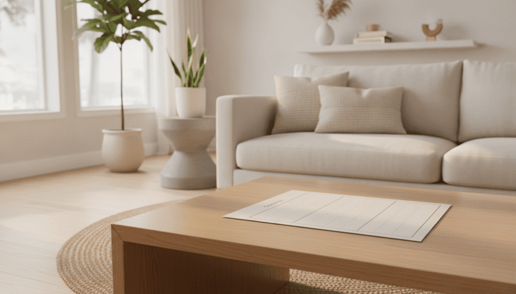 A serene and organized minimalist living space with a stylish home checklist prominently displayed on a sleek, modern wooden table. In the foreground, the checklist features neatly arranged bullet points without any text, representing tasks for decluttering and organizing. The middle layer captures a cozy, clutter-free living area softly lit by warm, natural light pouring through large windows, highlighting plants and minimalistic furniture. In the background, a tastefully decorated shelf showcases a few decorative items, emphasizing simplicity. The mood is calm and inspiring, evoking a sense of tranquility and order. The image should have a soft focus on the checklist while ensuring the overall scene is harmonious and inviting. A serene and organized minimalist living space with a stylish home checklist prominently displayed on a sleek, modern wooden table. In the foreground, the checklist features neatly arranged bullet points without any text, representing tasks for decluttering and organizing. The middle layer captures a cozy, clutter-free living area softly lit by warm, natural light pouring through large windows, highlighting plants and minimalistic furniture. In the background, a tastefully decorated shelf showcases a few decorative items, emphasizing simplicity. The mood is calm and inspiring, evoking a sense of tranquility and order. The image should have a soft focus on the checklist while ensuring the overall scene is harmonious and inviting.