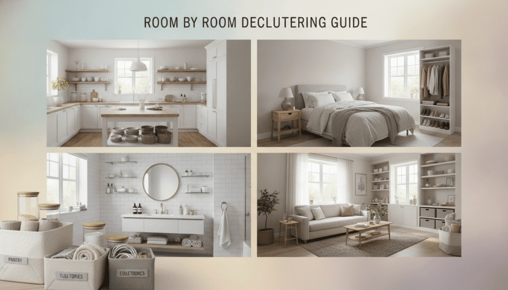 A visually engaging illustration depicting a "Room by Room Decluttering Guide" divided into four sections: a tidy kitchen, an organized bedroom, a clean bathroom, and a decluttered living room. In the foreground, include stylish storage bins and labeled containers showcasing organized items. In the middle layer, show each room with its unique charm, featuring modern decor, vibrant colors, and natural light coming in through windows. The background should be subtly blurred, adding depth while highlighting the clarity of the rooms. Create a warm and inviting atmosphere, evoking a sense of calm and efficiency in home organization. Use soft, diffused lighting to enhance the cozy feel, mimicking a sunny afternoon glow. A visually engaging illustration depicting a "Room by Room Decluttering Guide" divided into four sections: a tidy kitchen, an organized bedroom, a clean bathroom, and a decluttered living room. In the foreground, include stylish storage bins and labeled containers showcasing organized items. In the middle layer, show each room with its unique charm, featuring modern decor, vibrant colors, and natural light coming in through windows. The background should be subtly blurred, adding depth while highlighting the clarity of the rooms. Create a warm and inviting atmosphere, evoking a sense of calm and efficiency in home organization. Use soft, diffused lighting to enhance the cozy feel, mimicking a sunny afternoon glow.