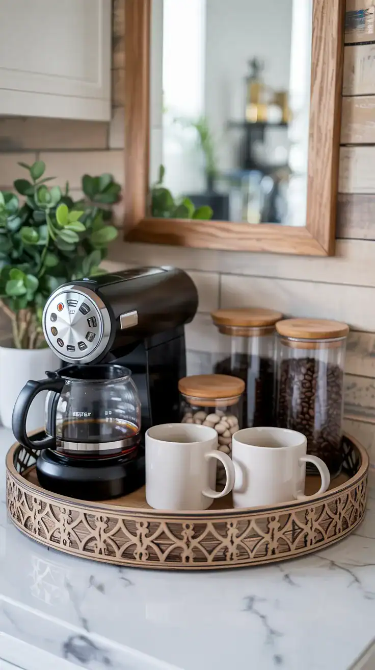 Coffee station styled on a decorative wooden tray with coffee machine, mugs, storage jars, and organized countertop accessories creating a neat and inviting setup.