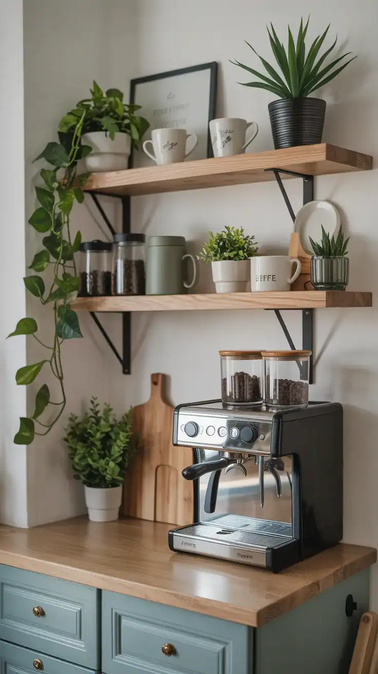 Coffee station with floating wooden shelves displaying coffee mugs, storage jars, plants, and decorative accessories above a compact coffee bar.