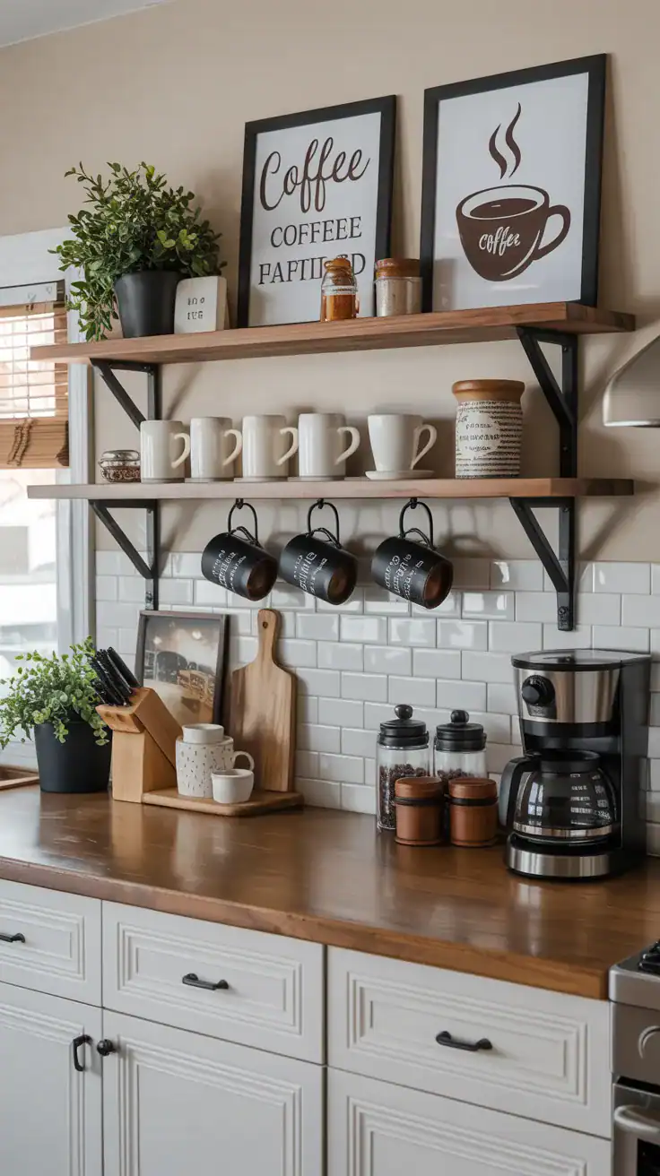 Cozy coffee station decorated with framed coffee-themed artwork, floating shelves, mugs, and warm neutral kitchen styling.