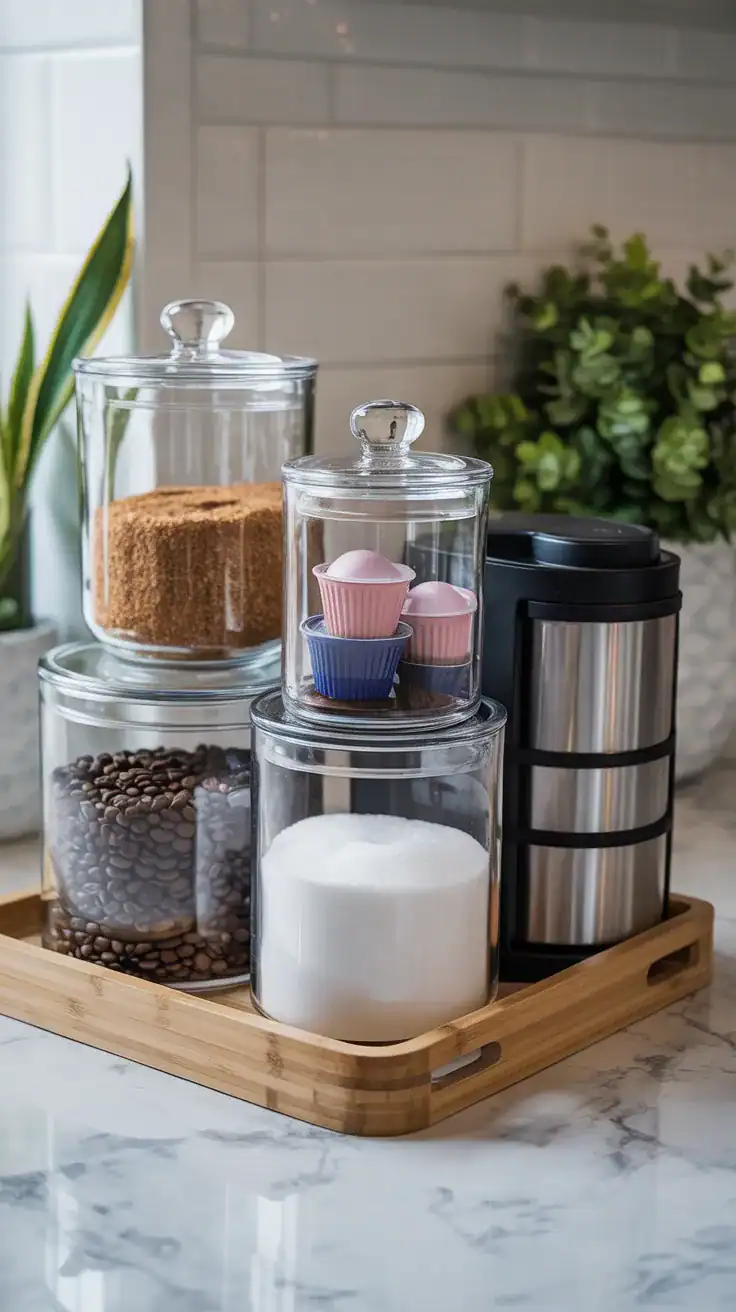 Organized coffee station featuring matching glass storage jars filled with coffee beans, sugar, pods, and drink essentials on a clean countertop.